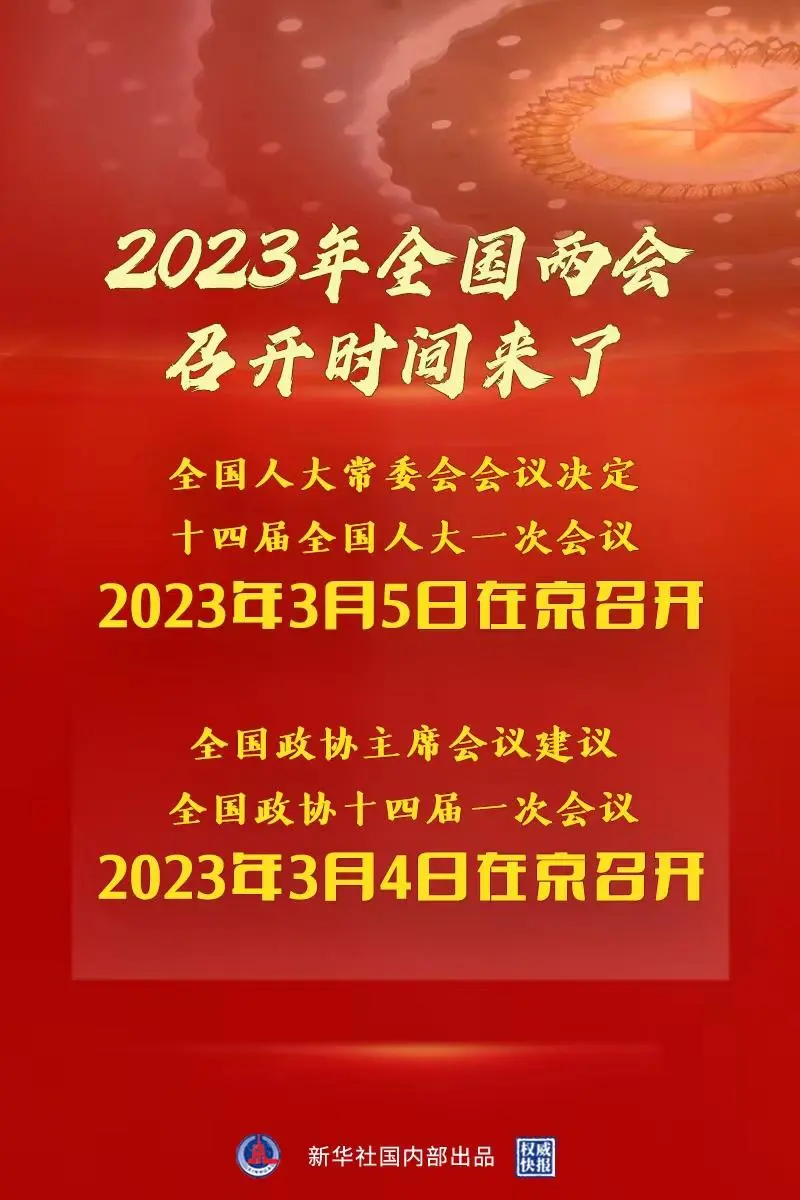 2023年全国两会召开时间来了，3月4日和3月5日在京召开。